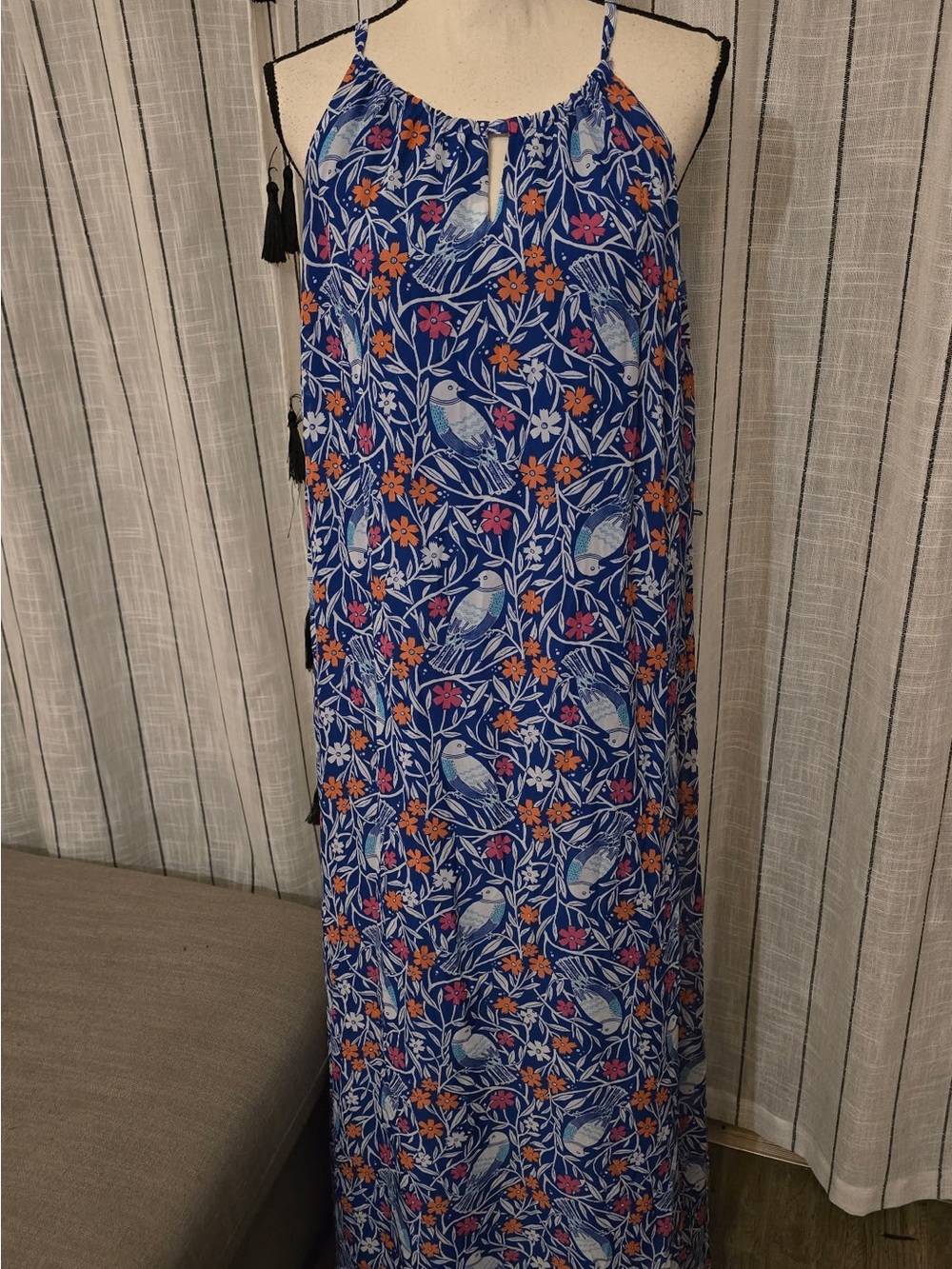 Old Navy Blue Floral & Bird Print Maxi Dress with Orange Accents